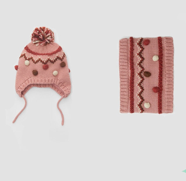 winter hand crochet colorfully pompom knitted hat and knitted infinity scarf