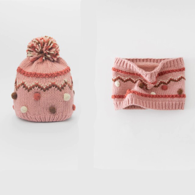 winter hand crochet colorfully pompom knitted hat and knitted infinity scarf
