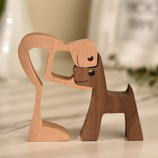 Family Puppy Wood Dog Craft Figurine Desktop Table