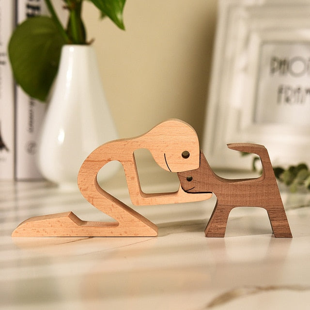 Family Puppy Wood Dog Craft Figurine Desktop Table