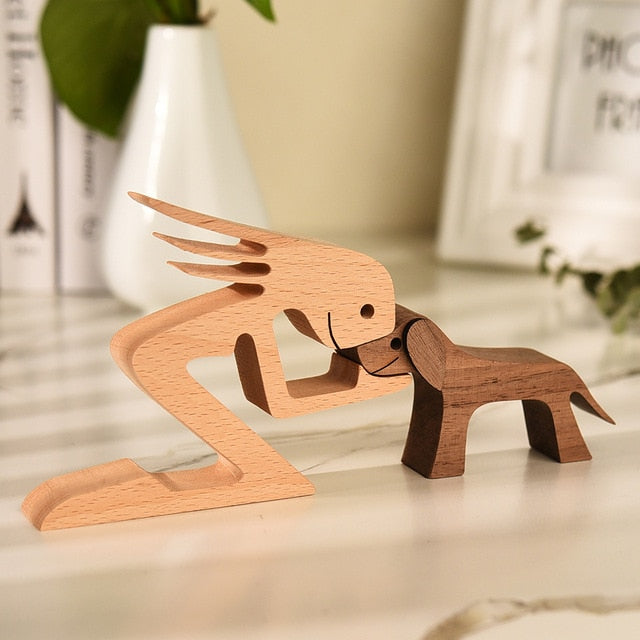 Family Puppy Wood Dog Craft Figurine Desktop Table