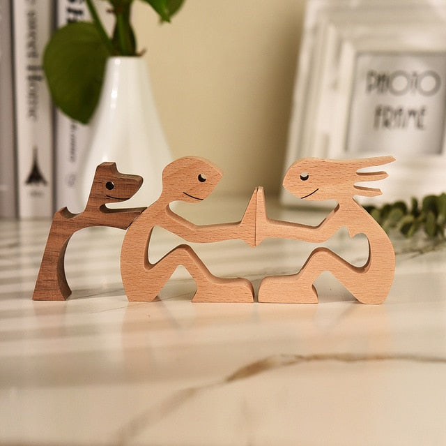 Family Puppy Wood Dog Craft Figurine Desktop Table