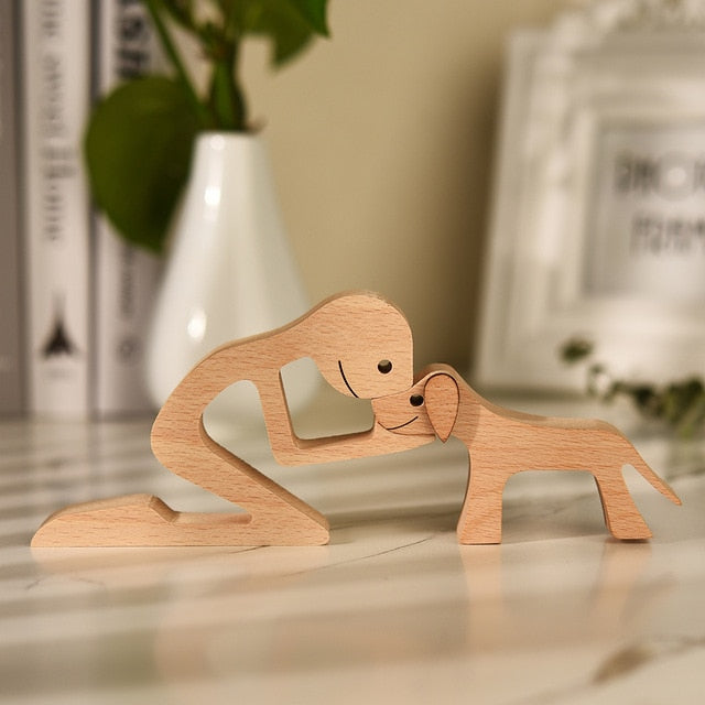 Family Puppy Wood Dog Craft Figurine Desktop Table