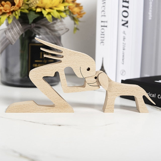 Family Puppy Wood Dog Craft Figurine Desktop Table