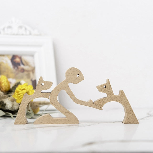 Family Puppy Wood Dog Craft Figurine Desktop Table
