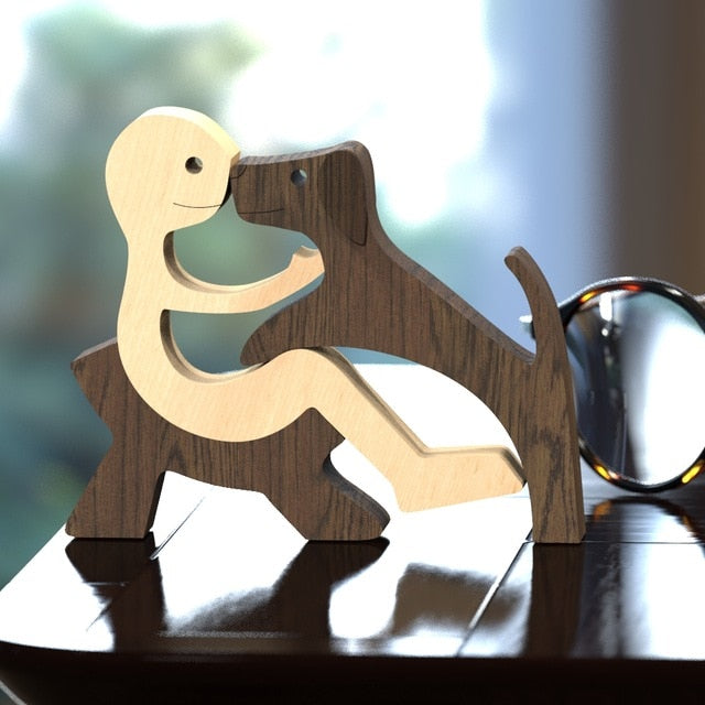 Family Puppy Wood Dog Craft Figurine Desktop Table