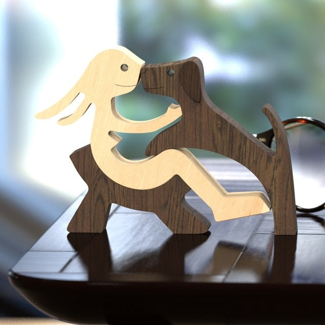Family Puppy Wood Dog Craft Figurine Desktop Table