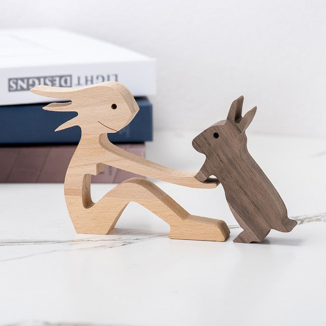 Family Puppy Wood Dog Craft Figurine Desktop Table