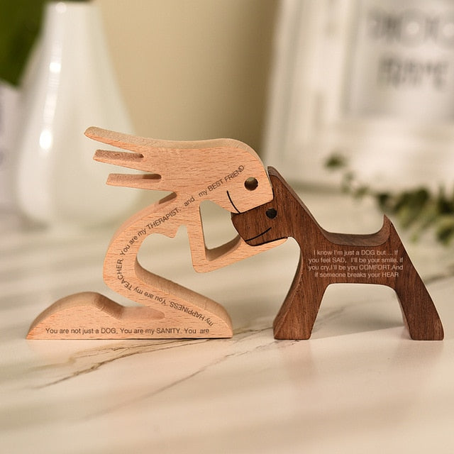Family Puppy Wood Dog Craft Figurine Desktop Table