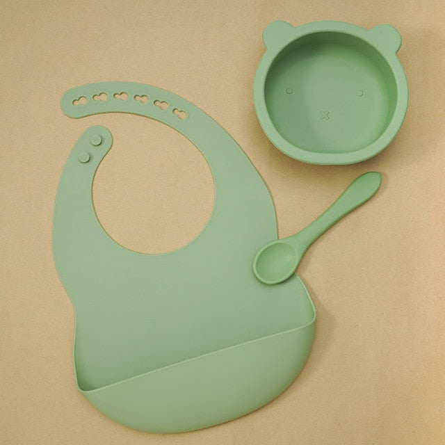 BPA Free Baby Silicone Tableware Waterproof Bib Flexible Saliva Towel Solid Color Sucker Bowl And Spoon For Children