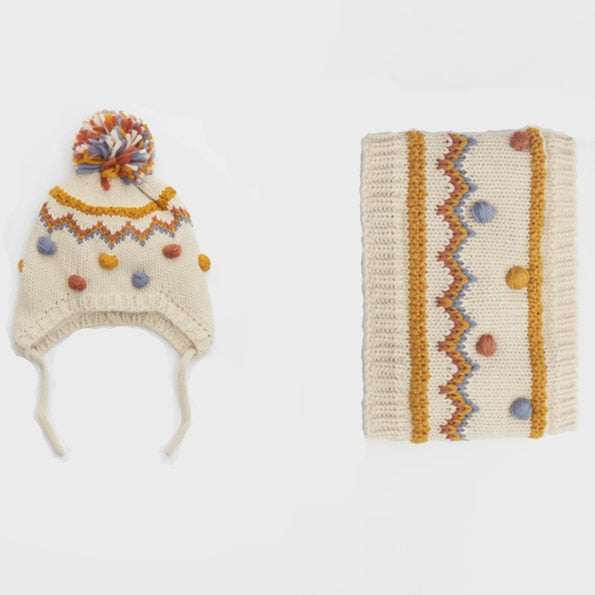 winter hand crochet colorfully pompom knitted hat and knitted infinity scarf