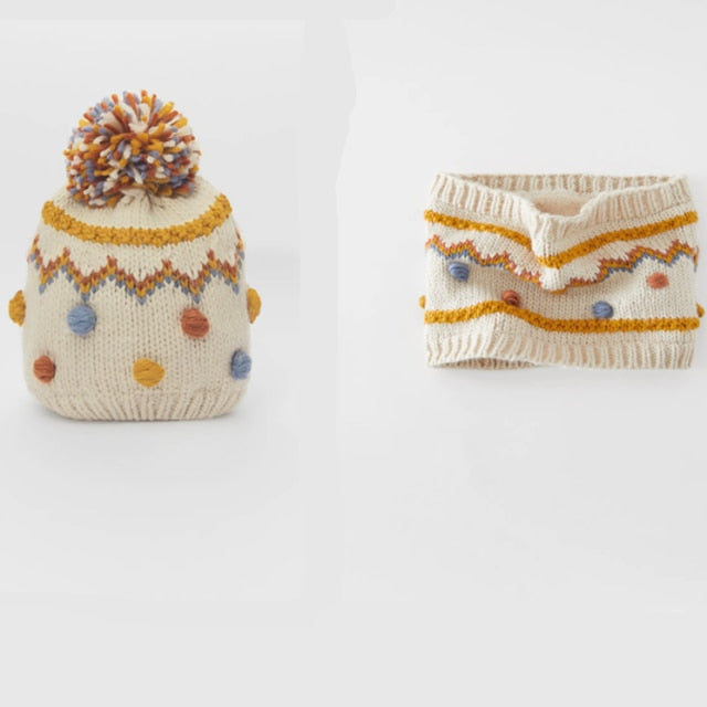 winter hand crochet colorfully pompom knitted hat and knitted infinity scarf