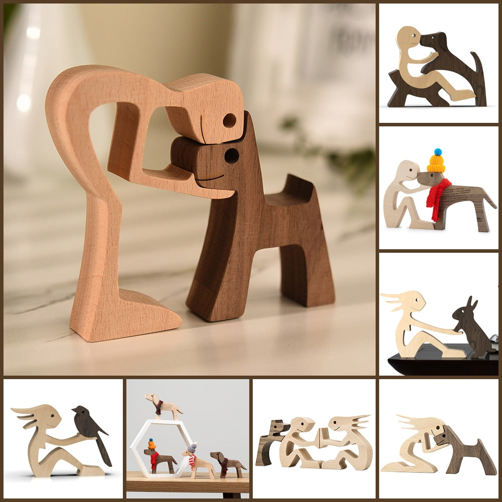 Family Puppy Wood Dog Craft Figurine Desktop Table