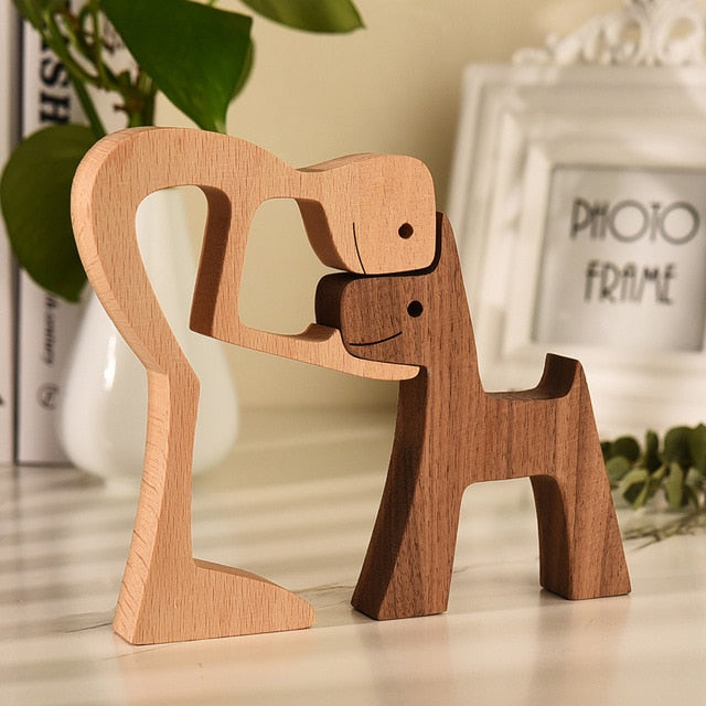 Family Puppy Wood Dog Craft Figurine Desktop Table