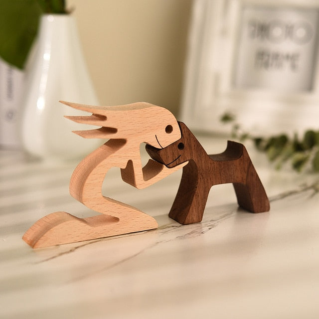 Family Puppy Wood Dog Craft Figurine Desktop Table