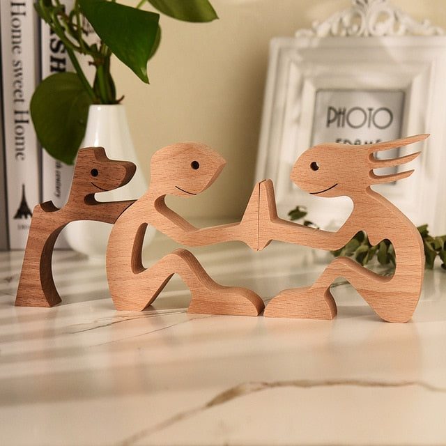 Family Puppy Wood Dog Craft Figurine Desktop Table