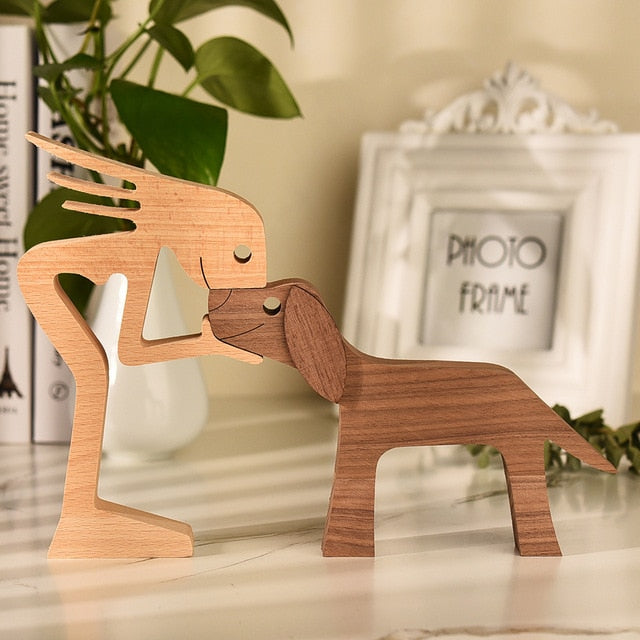 Family Puppy Wood Dog Craft Figurine Desktop Table