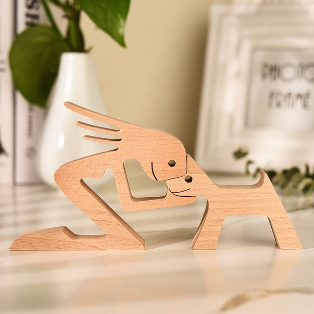 Family Puppy Wood Dog Craft Figurine Desktop Table