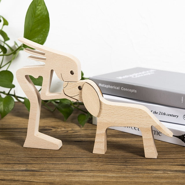 Family Puppy Wood Dog Craft Figurine Desktop Table