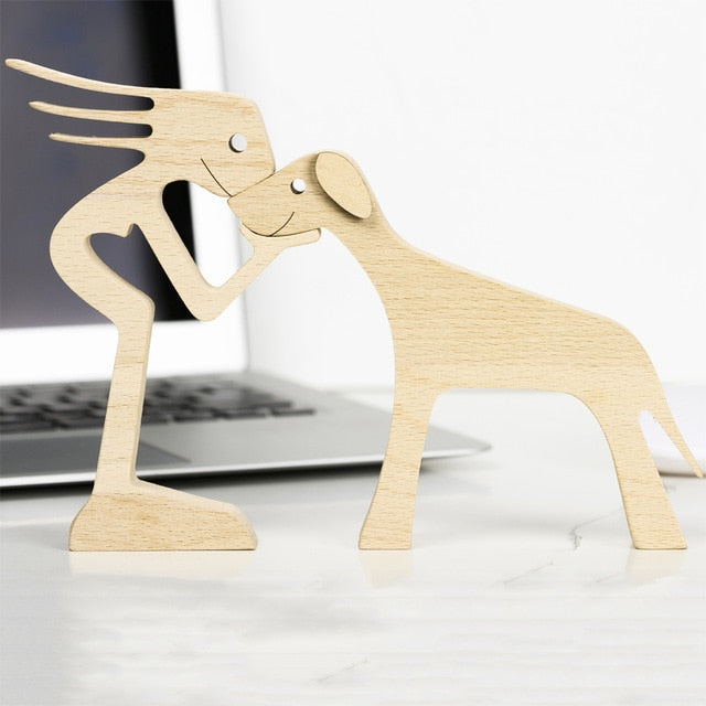 Family Puppy Wood Dog Craft Figurine Desktop Table