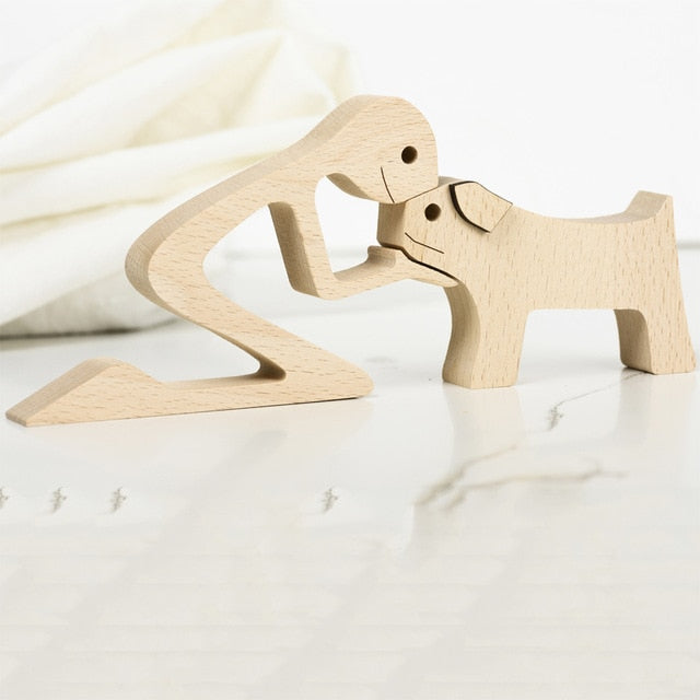 Family Puppy Wood Dog Craft Figurine Desktop Table