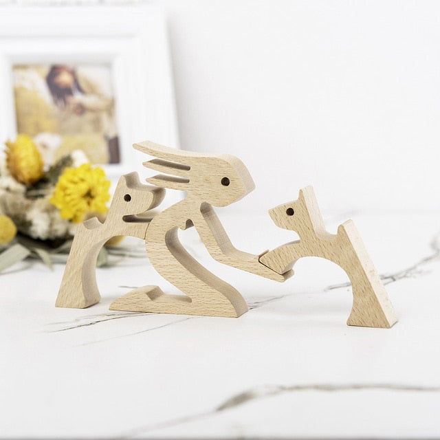 Family Puppy Wood Dog Craft Figurine Desktop Table