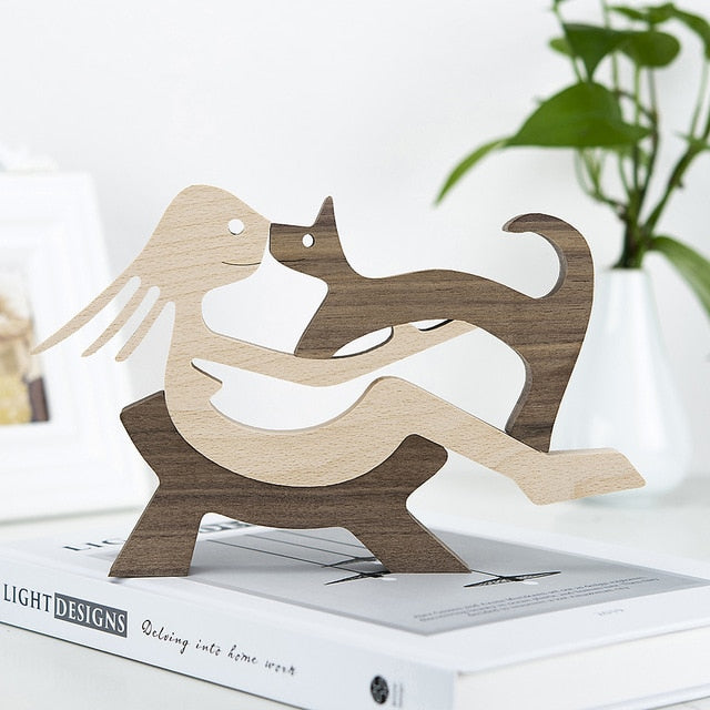 Family Puppy Wood Dog Craft Figurine Desktop Table