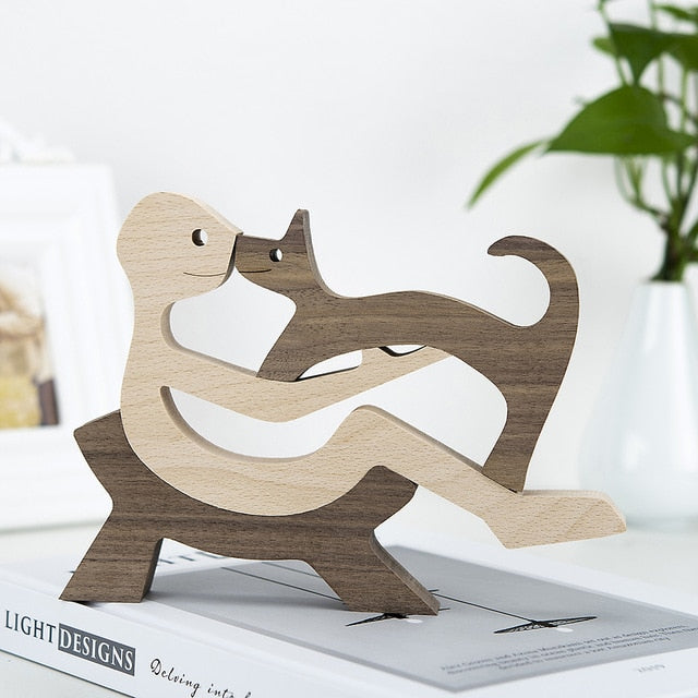 Family Puppy Wood Dog Craft Figurine Desktop Table