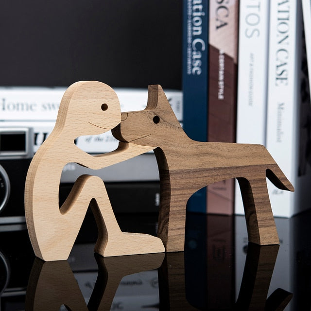 Family Puppy Wood Dog Craft Figurine Desktop Table