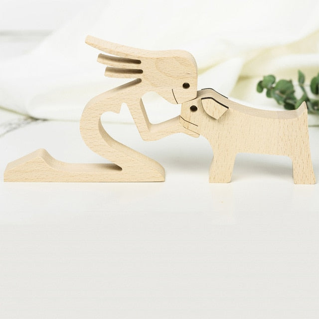 Family Puppy Wood Dog Craft Figurine Desktop Table
